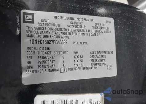 2007 Chevrolet Tahoe Ls from USA, damaged, VIN 1GNFC13027R345692